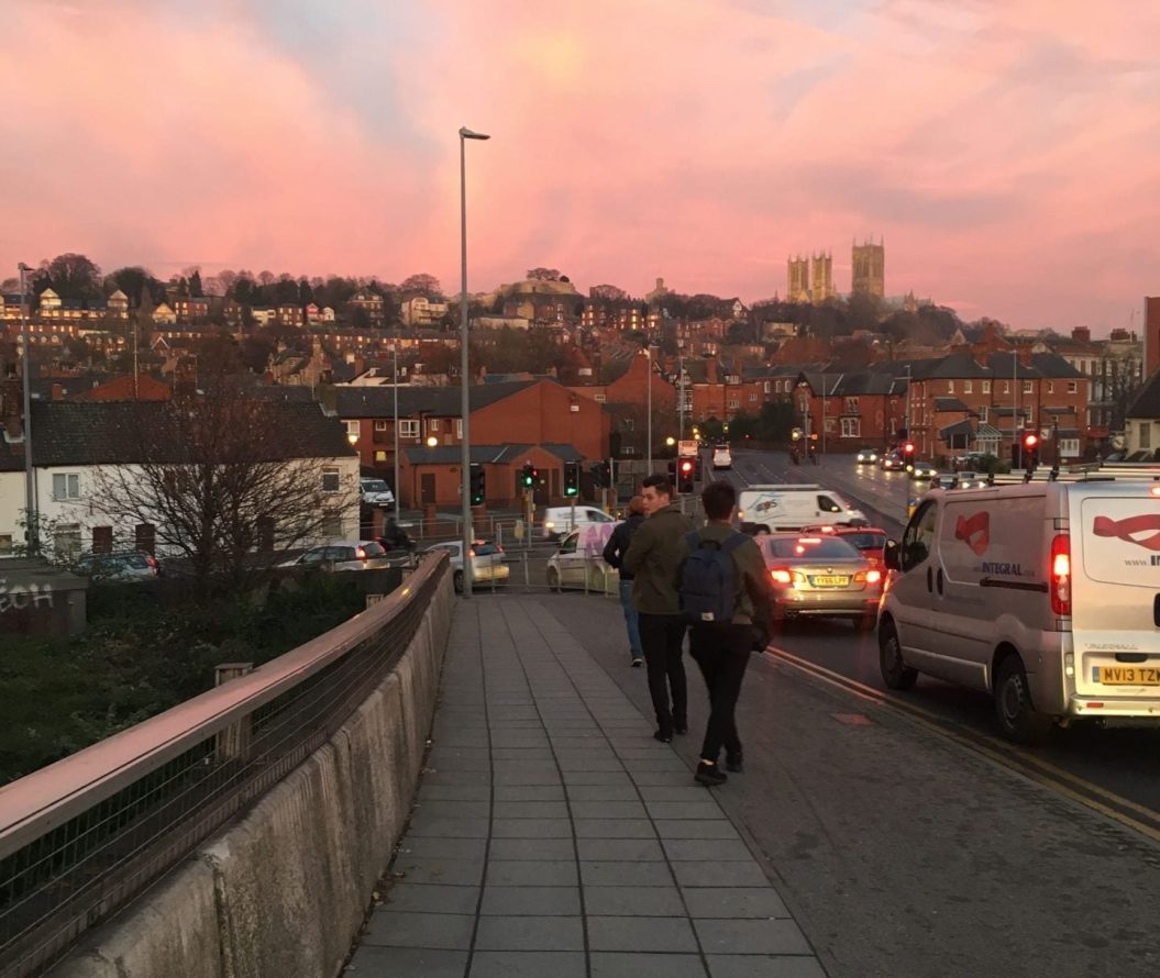 Pink sky over the Lincoln skyline
