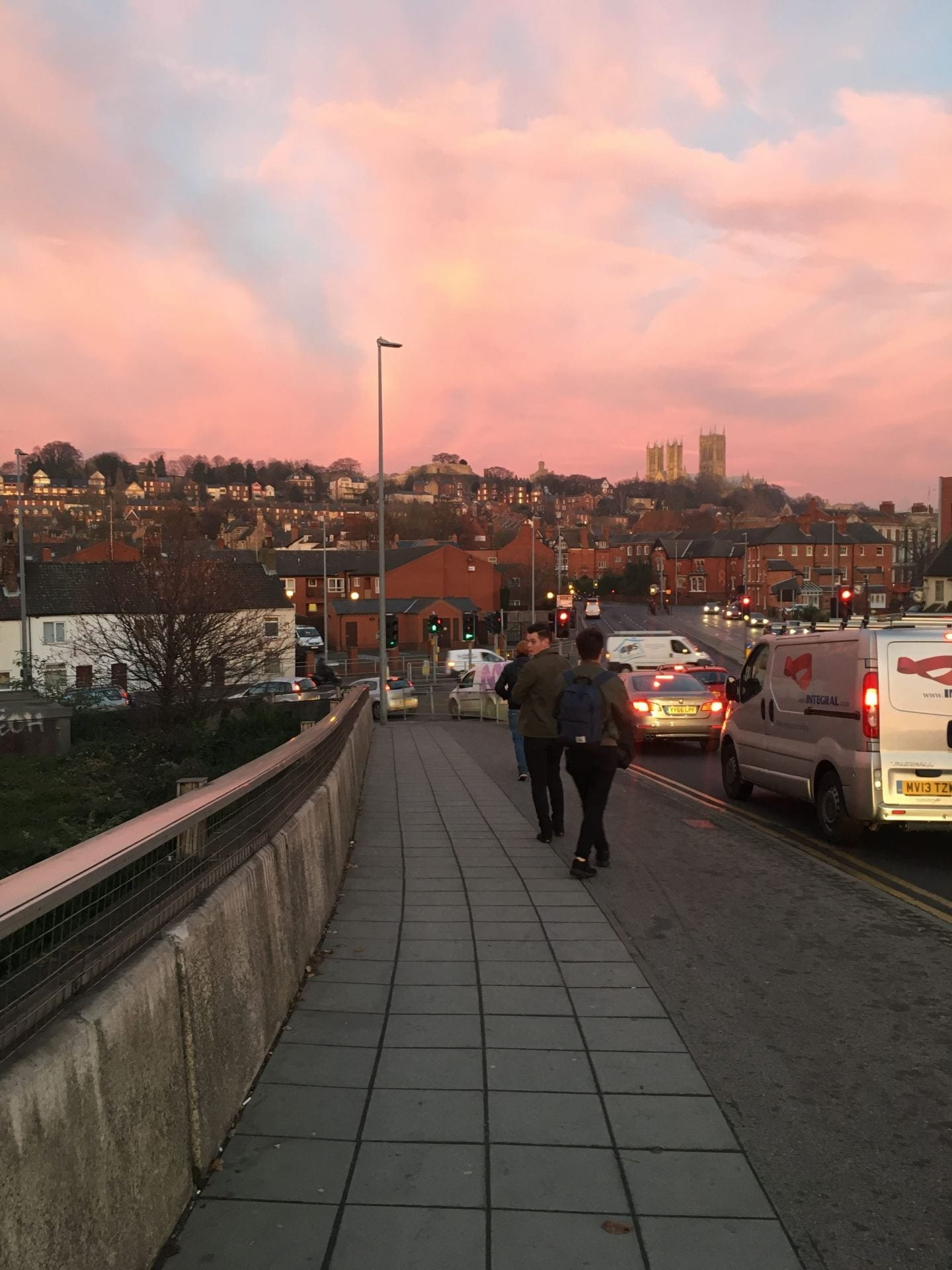 Pink sky over the Lincoln skyline