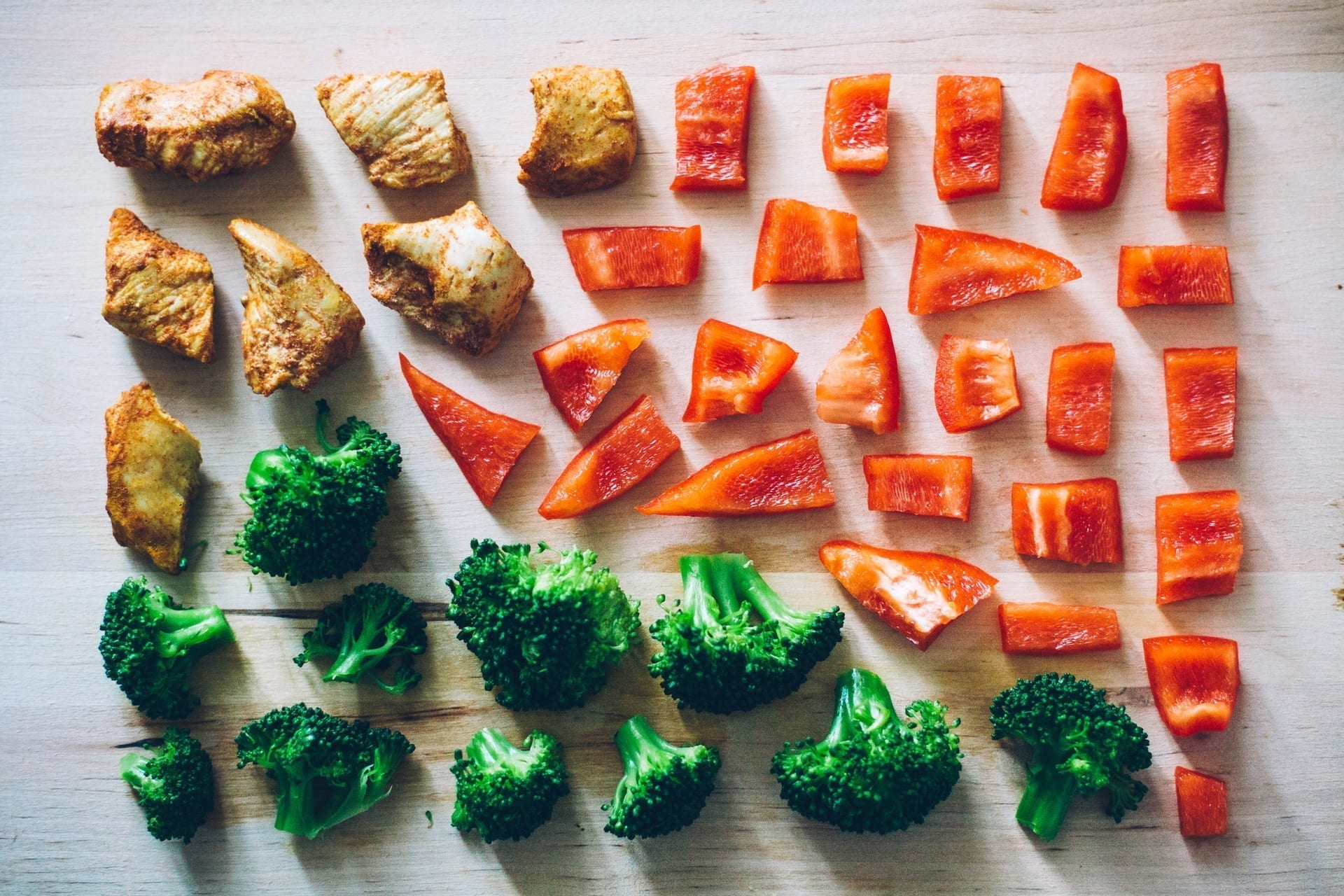 Chopped vegetables/food in a square formation