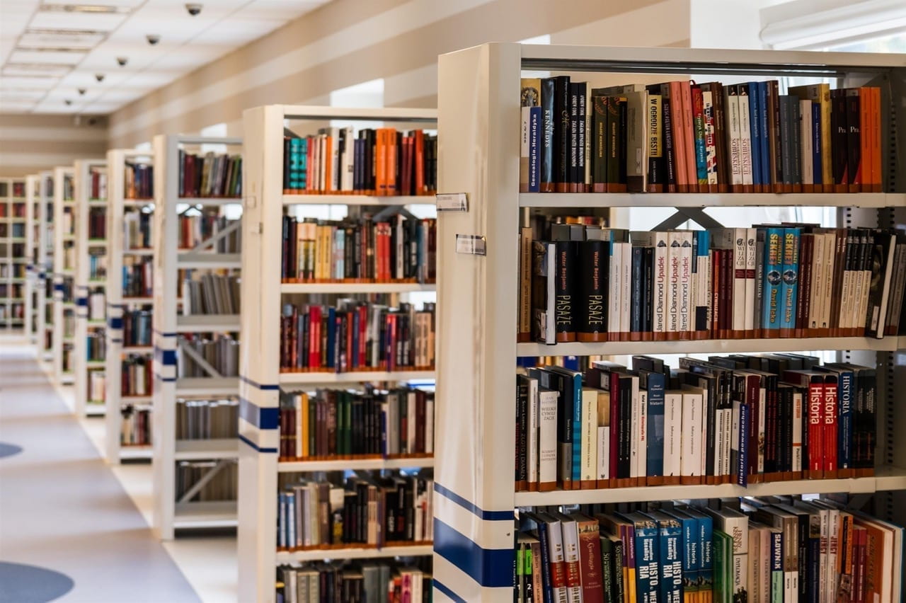 University library bookshelves.