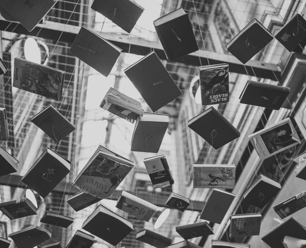 Books hanging from the ceiling