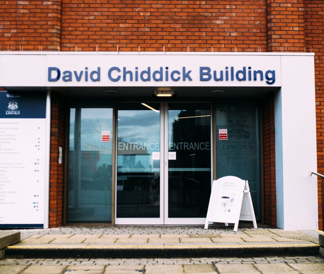 The entrance to the David Chiddick Building on the University of Lincoln Campus