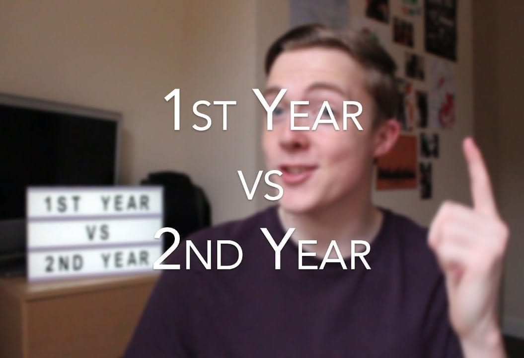 A young man triumphantly holds his hand in the air with the caption '1st Year vs 2nd Year'
