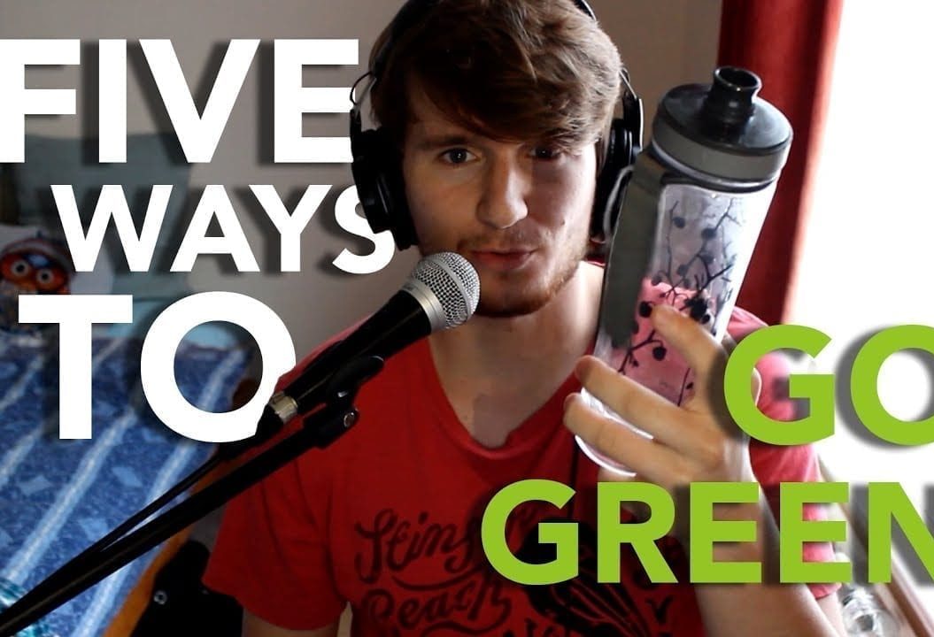 A young man holds a water bottle to the camera with the caption 'Five Ways to go green'