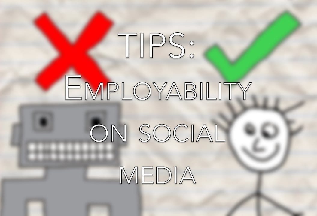 Thumbnail of a robot with a red cross and a cartoon man with a green tick, saying 'tips: employability on social media'