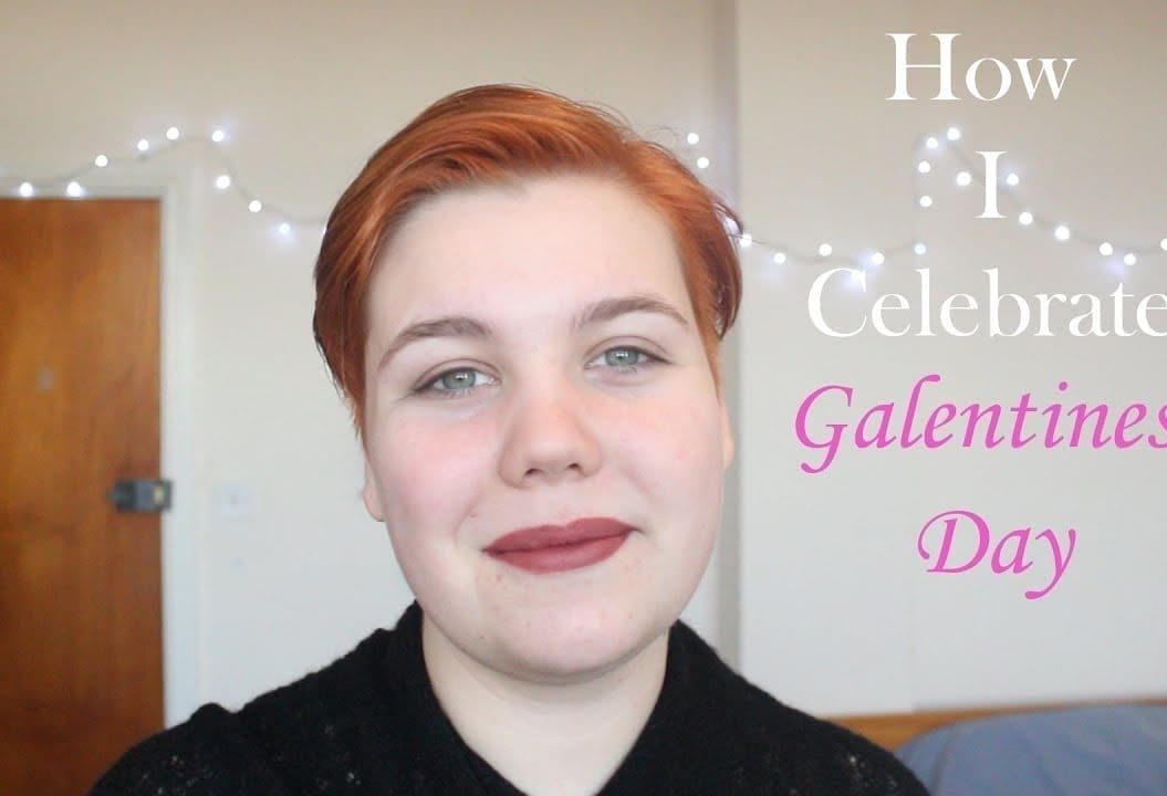 Thumbnail of a girl smiling, saying how I celebrate Galentines Day'