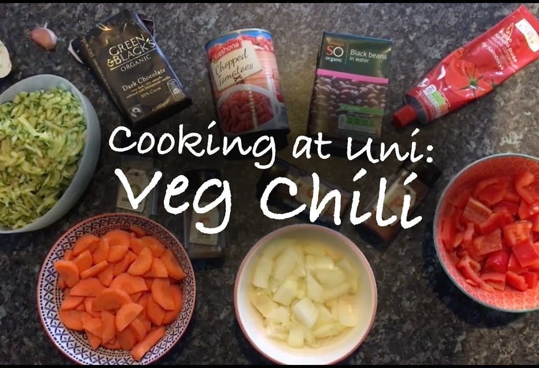 Thumbnail of ingredients in bowls on a work surface, saying 'cooking at uni: veg chili'