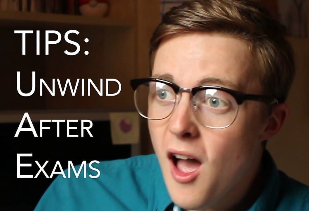 Thumbnail of a man wearing glasses, looking confused, saying 'Tips: unwind after exams'