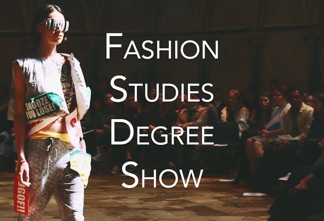Thumbnail of a model walking down a catwalk, saying 'fashion studies degree show'