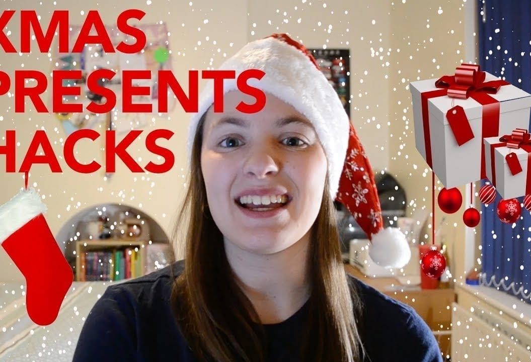 Thumbnail of a girl smiling in a bedroom, with a graphic of snow, saying 'Xmas presents hacks'