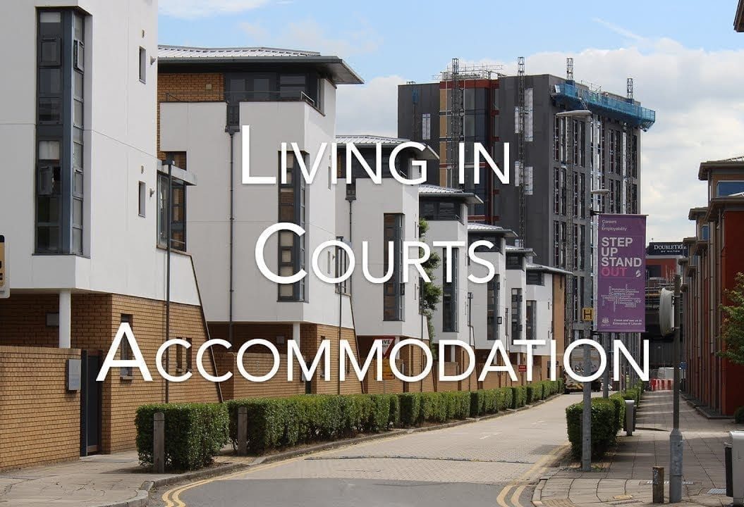 Down the road of Lincoln Courts, saying 'Living in Courts Accommodation'
