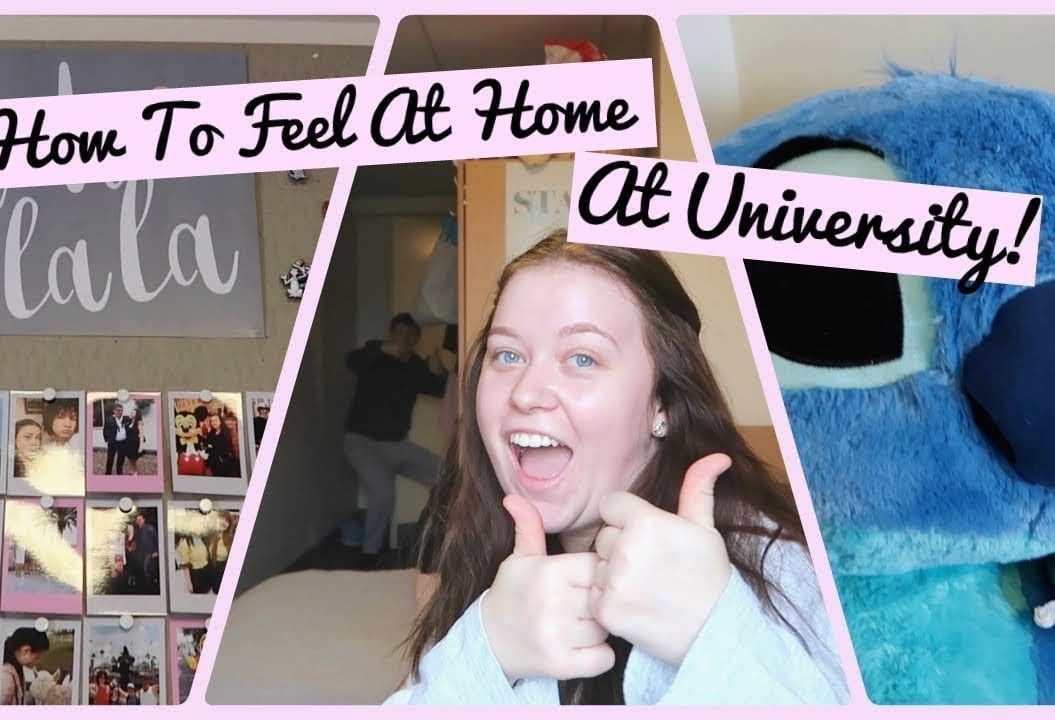 Thumbnail of a girl, with a stitch cuddly and some polaroids, saying 'how to feel at home at university!'
