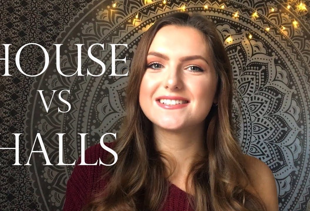 Thumbnail of a girl smiling in front of a tapestry, saying 'house vs halls'
