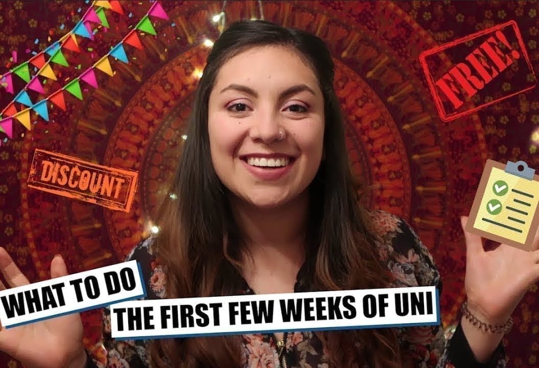 Thumbnail of a girl smiling, saying 'What to do the first few weeks of uni'