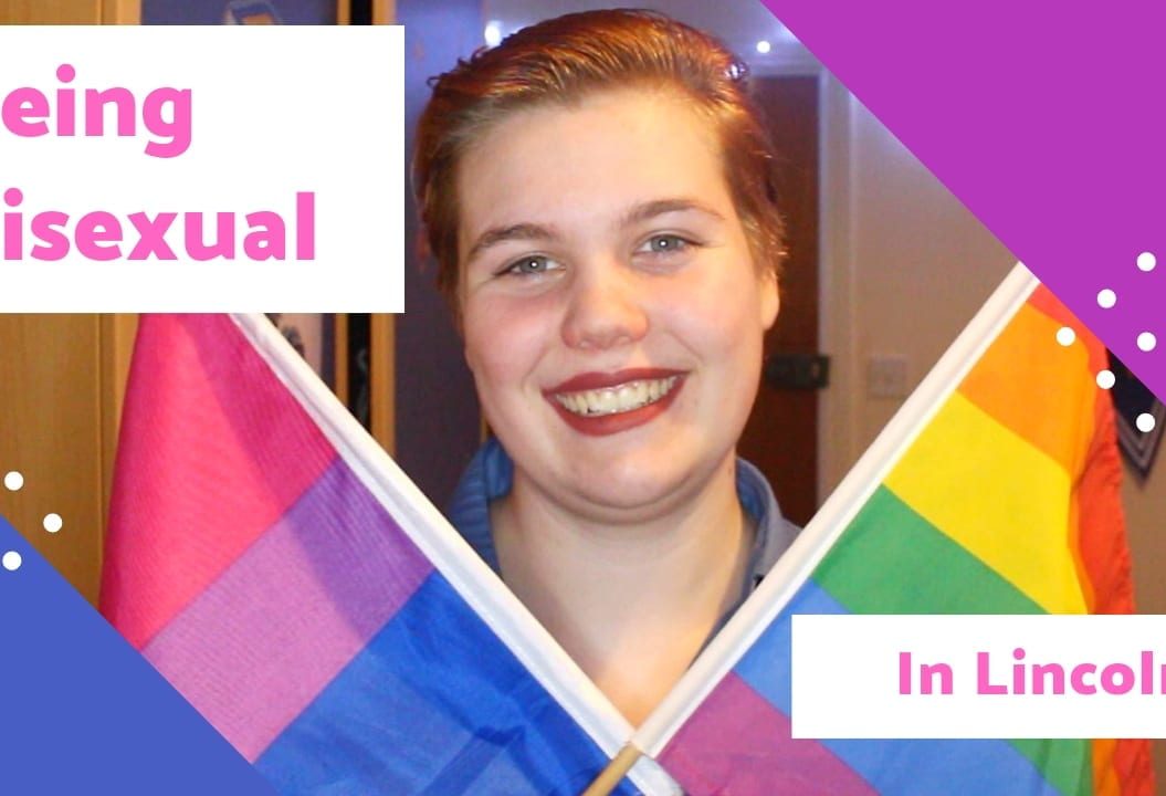 Thumbnail of a girl holding two LGBT flags, saying 'being bisexual in Lincoln'