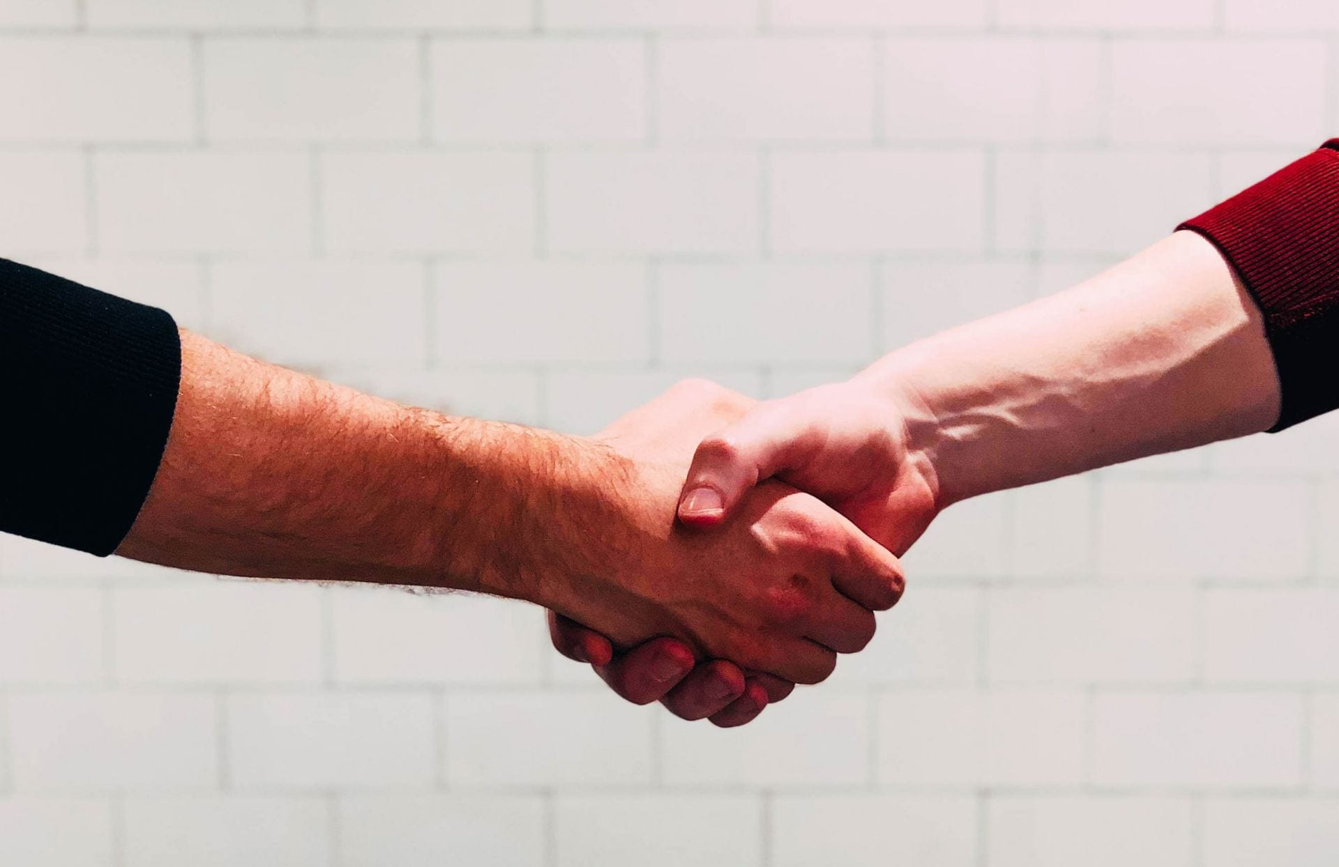 Two men shaking hands in front of a white wall
