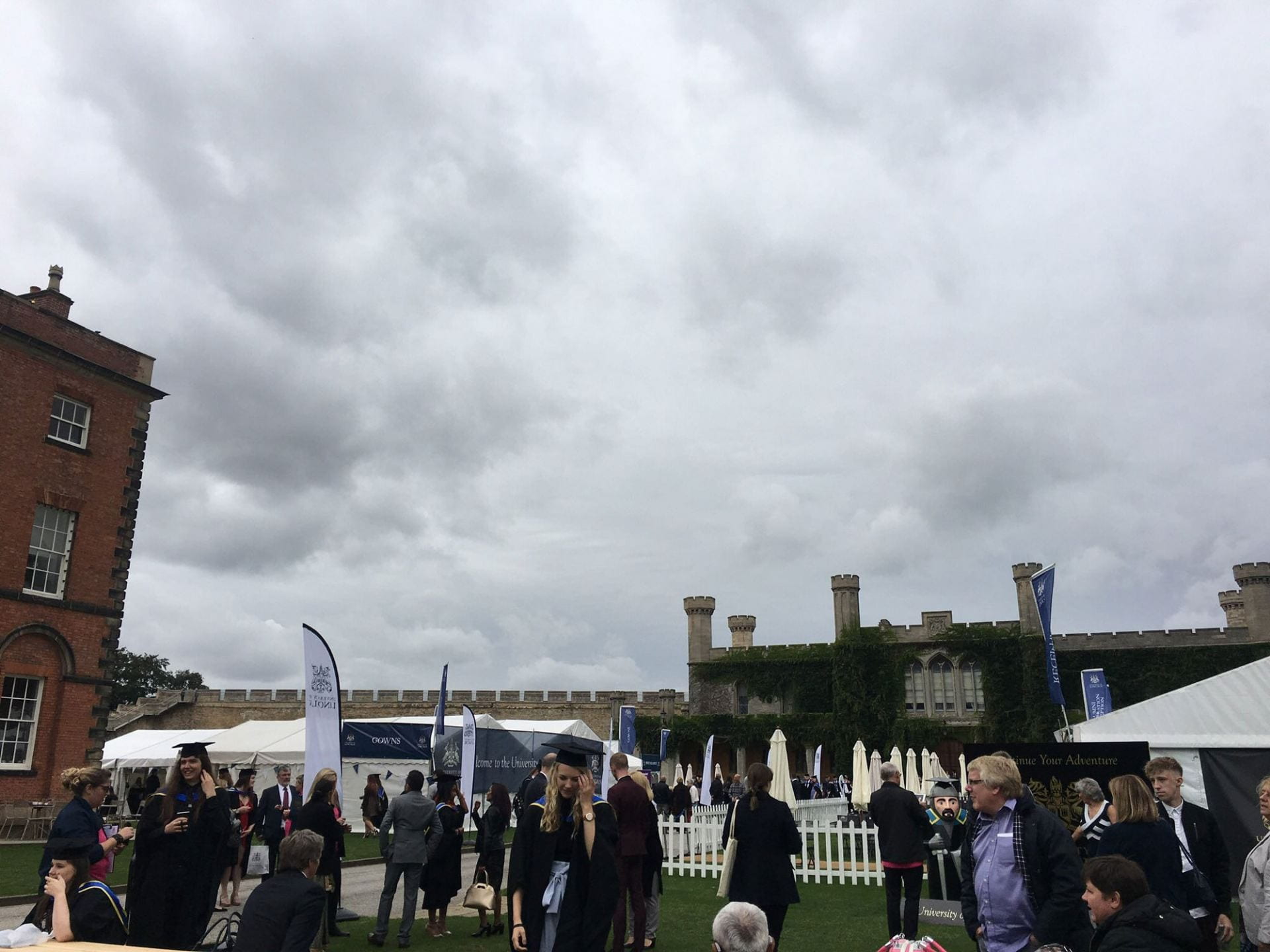 Grey skies over graduation tents at Lincoln Castle