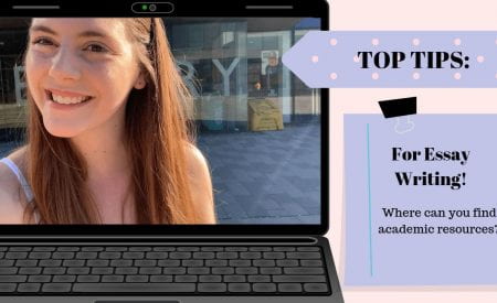 thumbnail of woman smiling titles 'top tips for essay writing where can you find academic resources?'