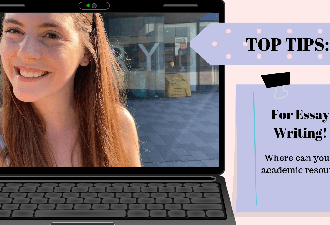 thumbnail of woman smiling titles 'top tips for essay writing where can you find academic resources?'
