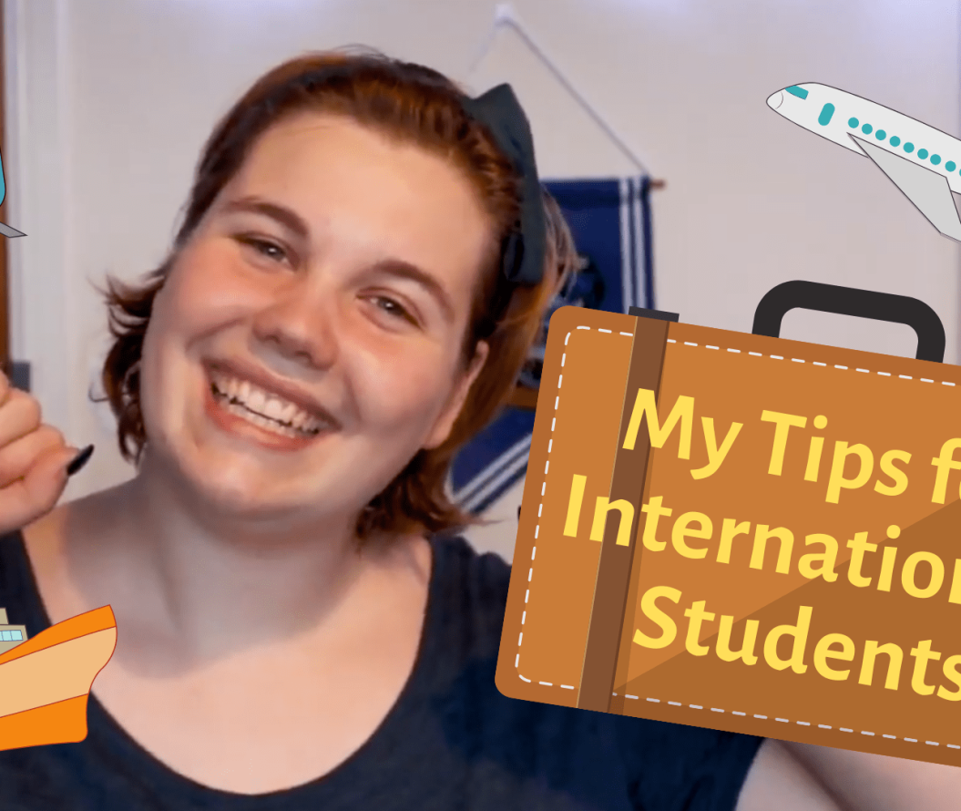 Thumbnail of international student, Malene, looking excited, surrounded by an aeroplane, boat, train and suitcase.