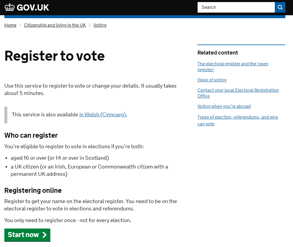 Screenshot of gov.uk/register-to-vote giving instructions for how people can register to vote