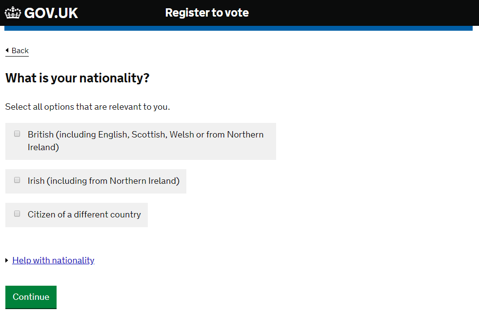 Screenshot of gov.uk/register-to-vote detailing nationality options.