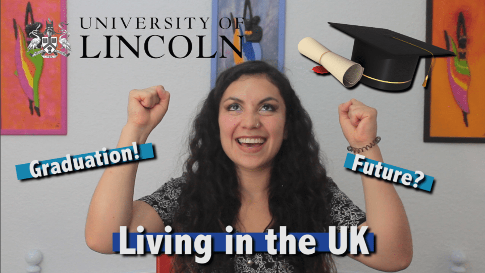 A girl cheers. A graduation cap graphics in beside her. So is the text 'Graduation', 'Future?' and 'Living in the UK'.