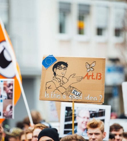 Protest sign reading 'Is Article 13 a good idea?'