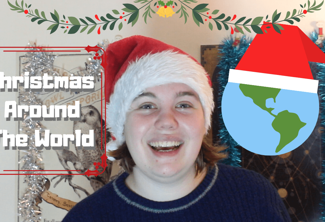 woman smiling thumbnails saying 'christmas around the world'