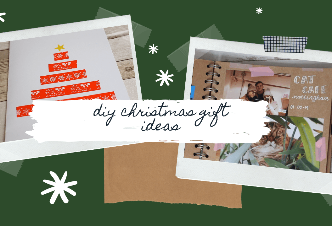 A photo of a scrapbook. A Photo of a homemade Christmas card. The text 'DIY Christmas Gift Ideas'