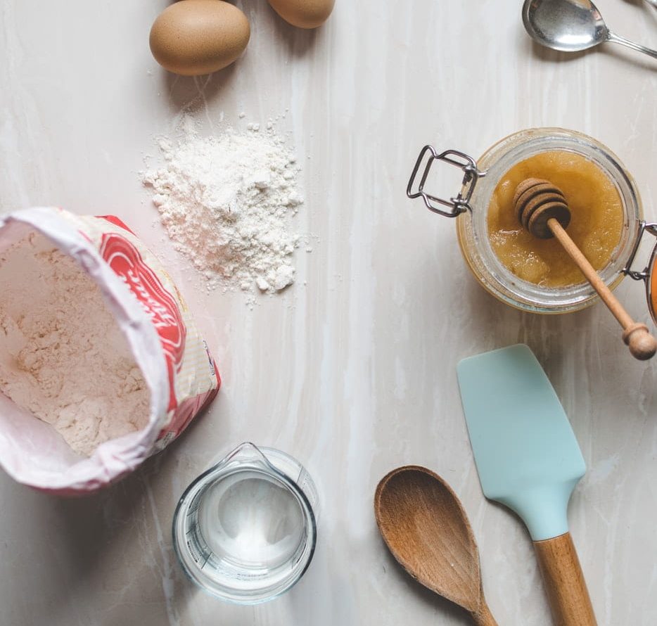 Baking ingredients, including flour, eggs and honey