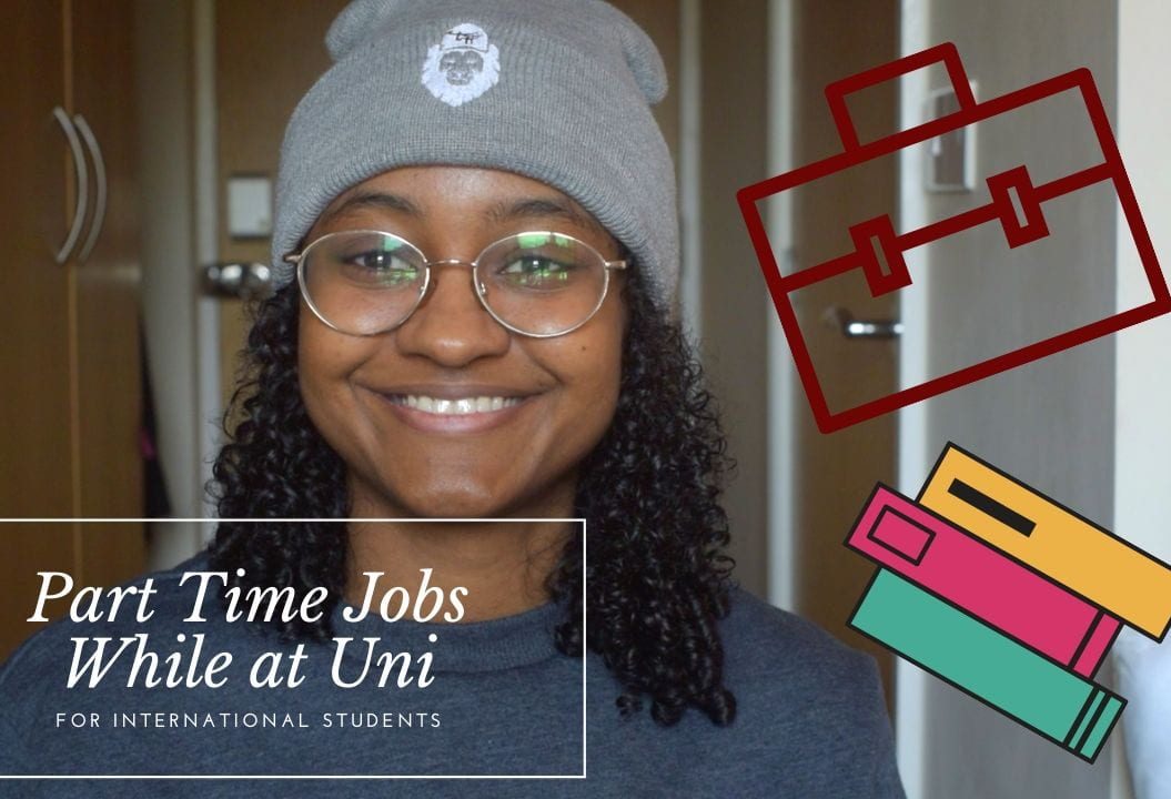 Thumbnail of a girl smiling. The text says; Part time jobs while at uni for international students.