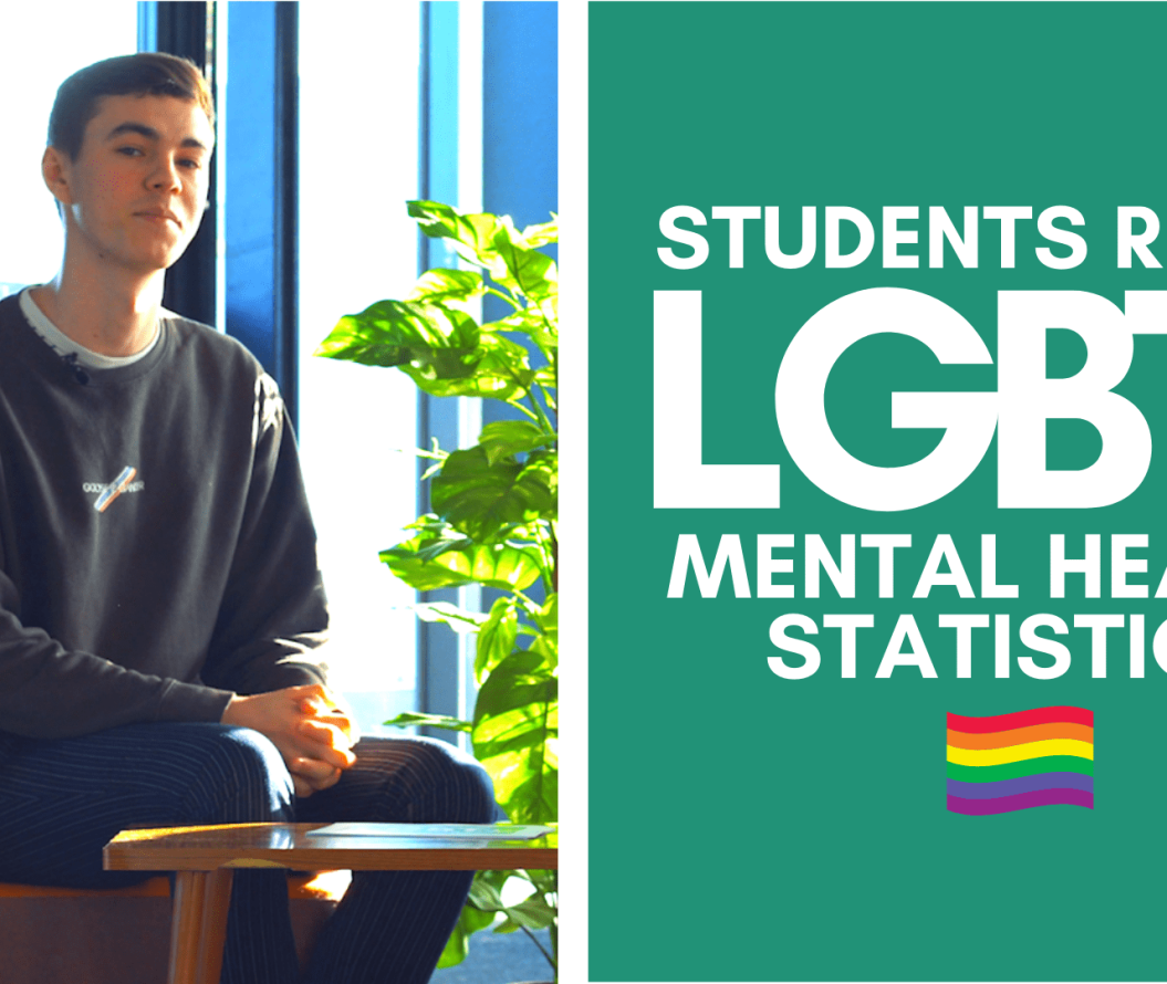Thumbnail. A young man looks at the camera. It reads "students react to LGBT+ mental health statistics"