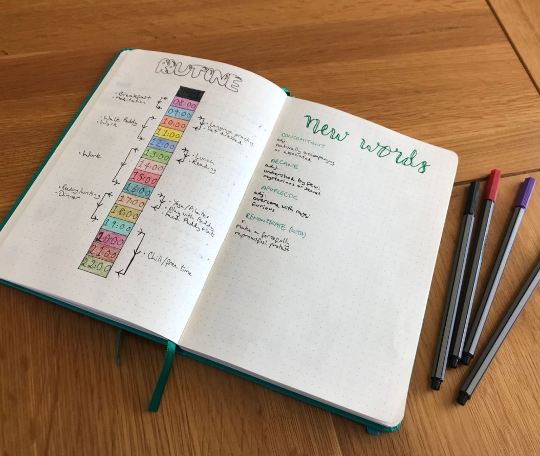 A bullet journal, open on the page that details the daily routine. Some coloured pens next to the journal.