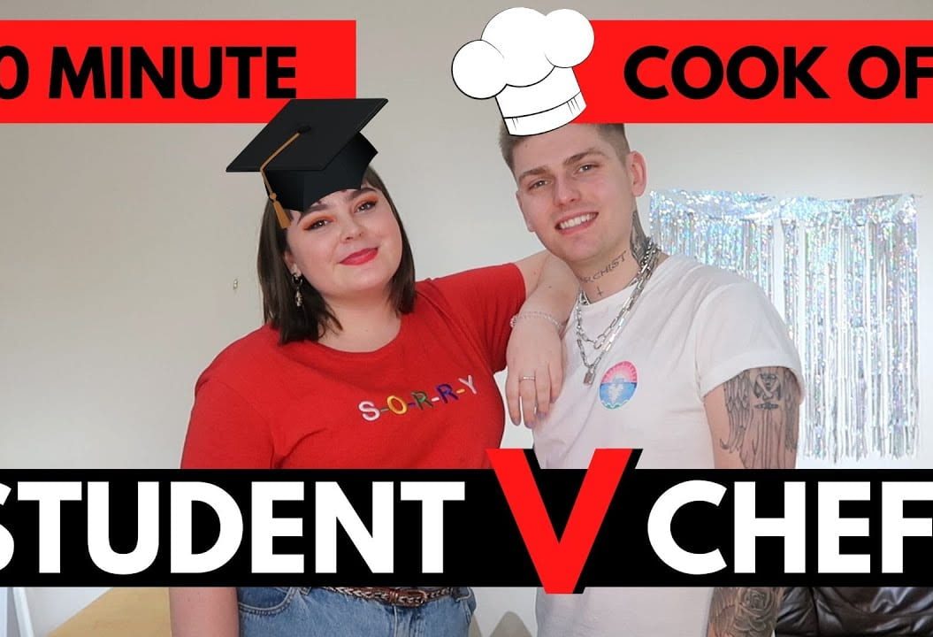 Thumbnail. Girl and boy smiling. It reads 20 minute cook off. Student V Chef.