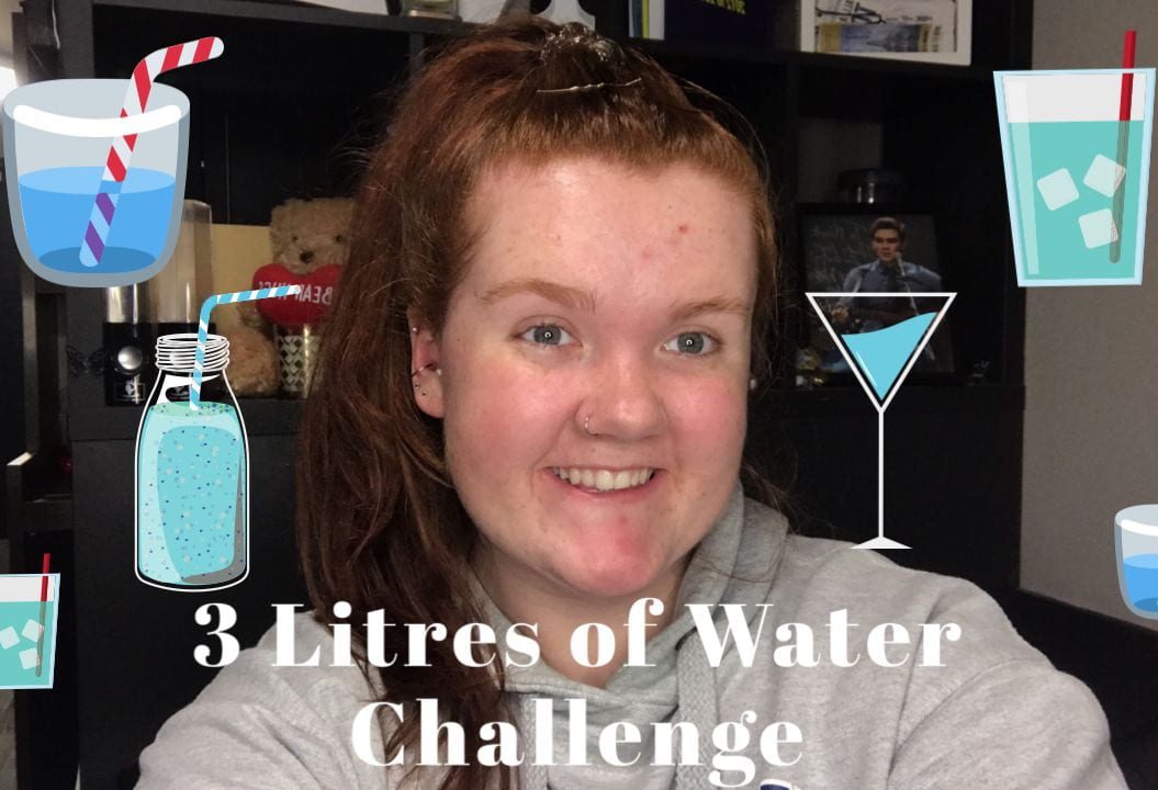 Thumbnail. Girl smiling. It says "3 Litres of Water Challenge". It has images of glasses of water all around her.