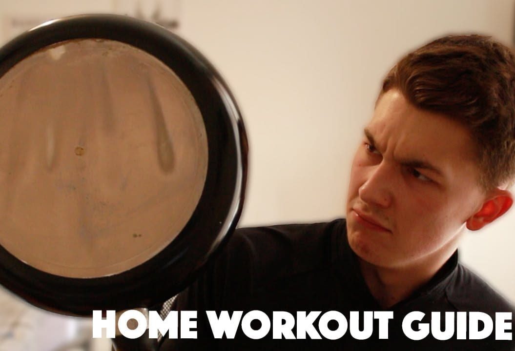 Man staring at a frying pan. The image reads home workout guide.