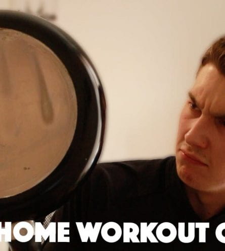 Man staring at a frying pan. The image reads home workout guide.