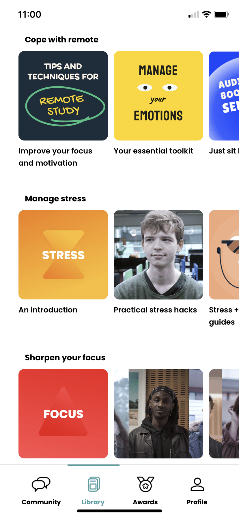 A screenshot of the Fika app. It shows a number of courses under the topics cope with remote, manage stress and sharpen your focus.