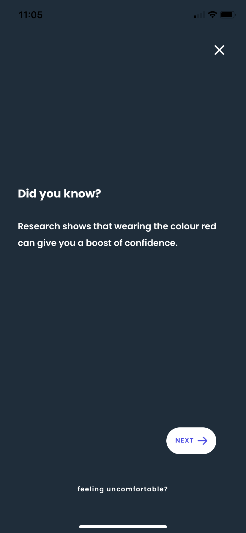 A screenshot from the Fika app. It reads 'Did you know? Research shows that wearing the colour red can give you a boost of confidence.'