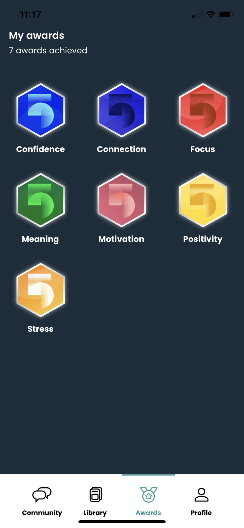 A screenshot of the Fika app. It shows the user's awards - confidence, connection, focus, meaning, motivation, positivity and stress.