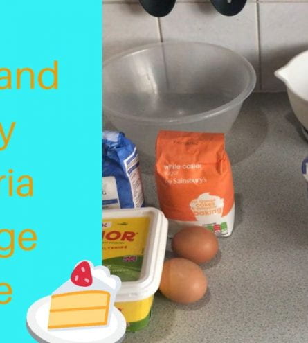 Baking ingredients. Thumbnail says: quick and easy victoria sponge cake