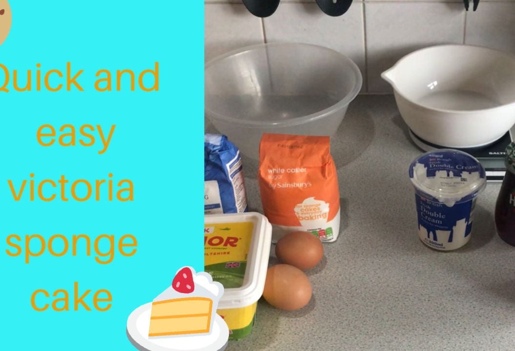 Baking ingredients. Thumbnail says: quick and easy victoria sponge cake