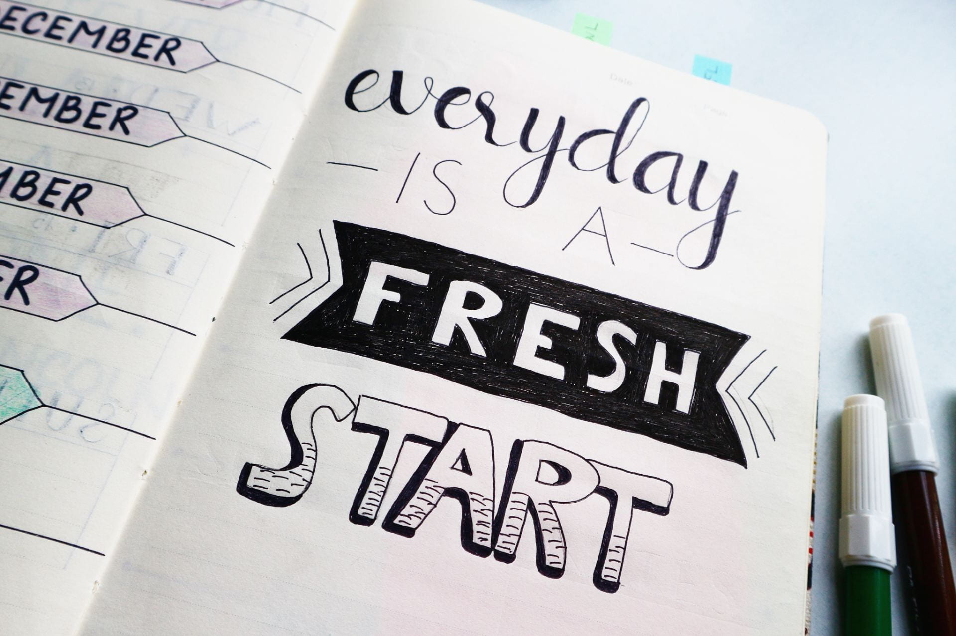 A bullet journal that reads 'Everyday is a fresh start'