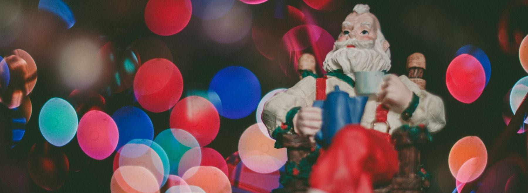 Close up of a santa figure with blurred lights surrounding