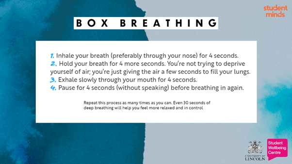 A slide titled Box Breathing. It has a Student Minds logo at the top and University of Lincoln and Student Wellbeing Centre logos at the bottom.

It reads:
1. Inhale your breath (preferably through your nose) for 4 seconds.
2. Hold your breath for 4 more seconds. You're not trying to deprive yourself of air; you're just giving the air a few seconds to fill your lungs.
3. Exhale slowly through your mouth for 4 seconds.
4. Pause for 4 seconds (without speaking) before breathing in again.

Repeat this process as many times as you can. Even 30 seconds of deep breathing will help you feel more relaxed and in control.