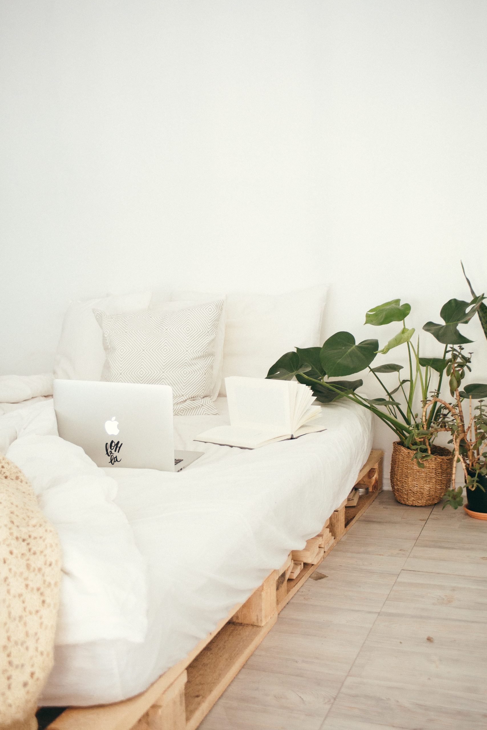 An organised white bed with a laptop and plants