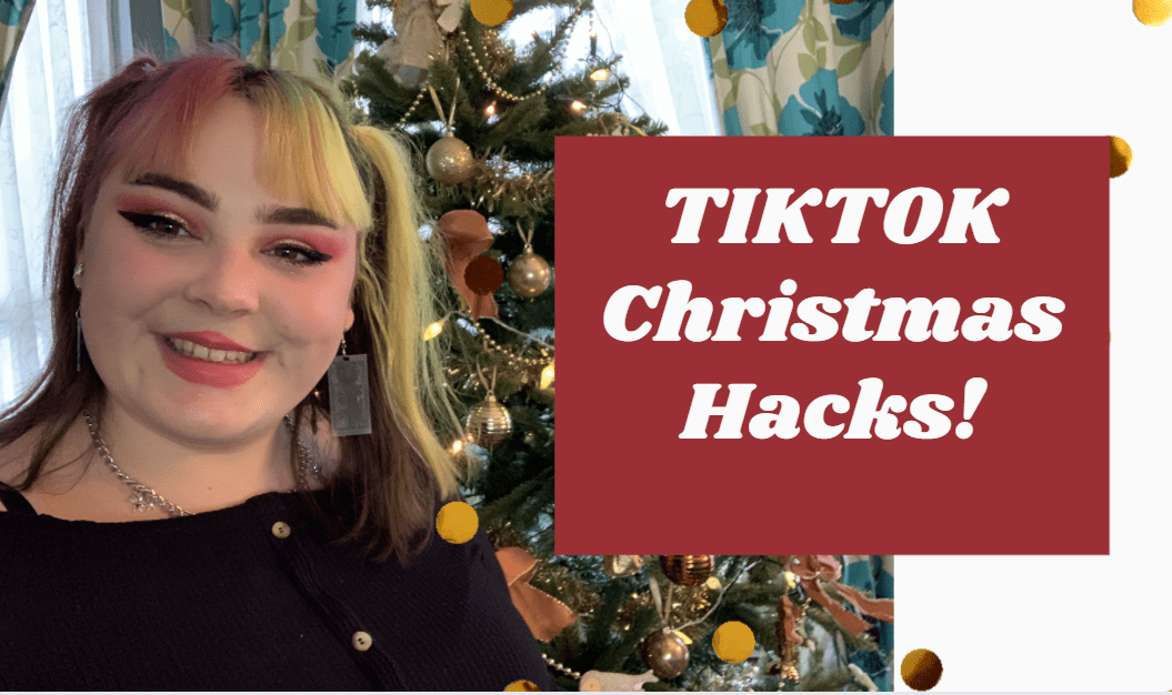 Lucy centred with a christmas tree and text reading 'TIKTOK Christmas Hacks!'