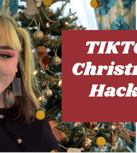 Lucy centred with a christmas tree and text reading 'TIKTOK Christmas Hacks!'