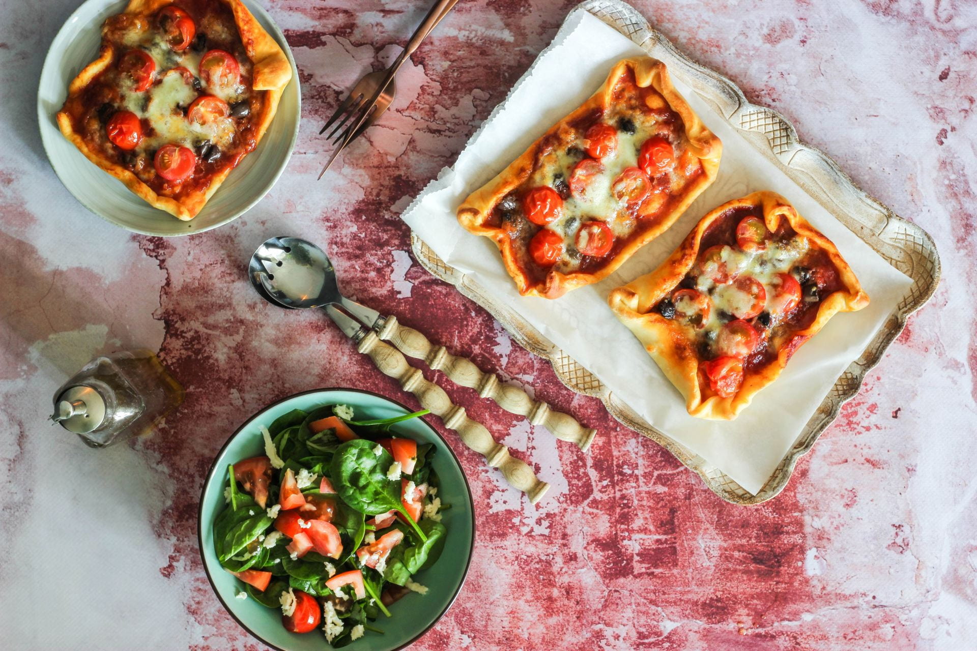 Home made pizza slices with a salad

